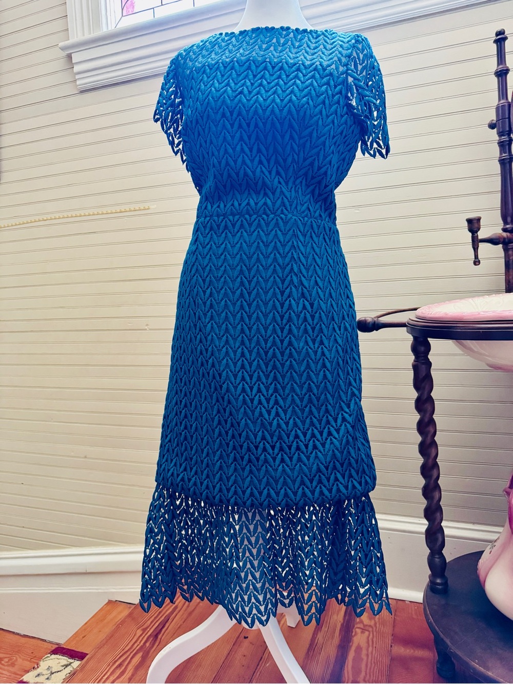 Kay Unger Tatum Floral Lace Midi Cocktail Dress Women’s Size 10 Teal Blue Green